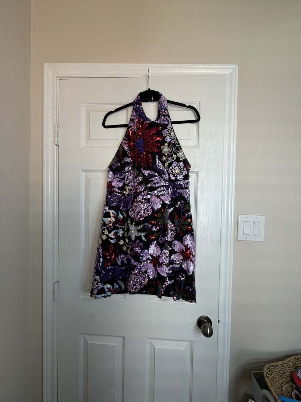 Lulus Floral Sequin Halter Mini Dress Size L Black Purple Red